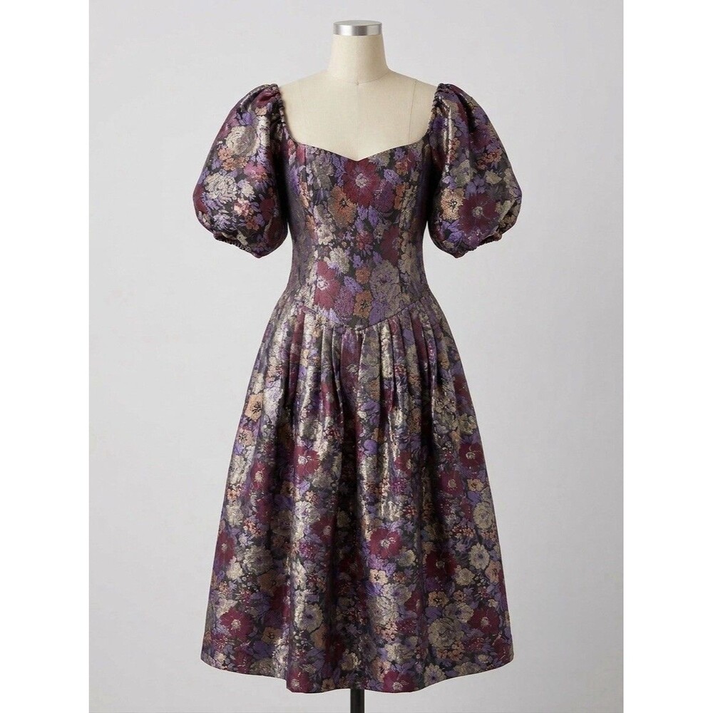 Victor Costa Metallic Floral Brocade Puff Sleeve Midi Dress Dark Cottagecore Sz6